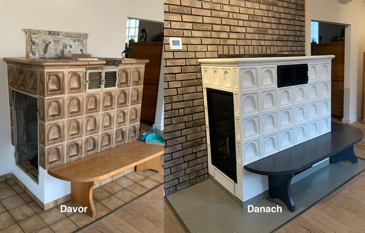 Vorher Nachher Vergleich einer Kachelofen Renovierung mit erneuerten Kacheln und moderner Ofentür vor einer Backsteinwand.