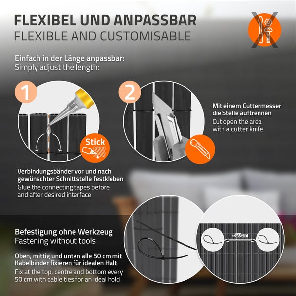ECD Germany PVC Sichtschutzmatte 160x700 cm (1x3m + 1x4m) Anthrazit, Sichtschutzzaun 3-Gewicht-Verstärkung, UV-beständig, Windschutz Balkonverkleidung Zaunblende Sichtschutz für Garten Balkon Terrasse