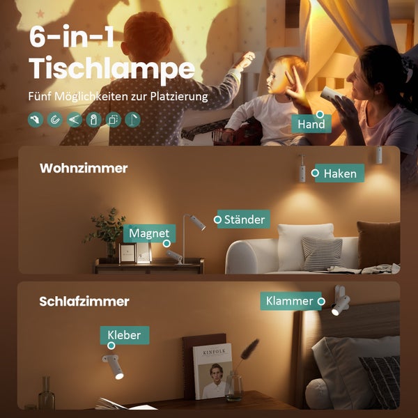 EMKE Magnetische LED Schreibtischlampe 5-in-1 Weiß Ø120×H330 mm Touchsteuerung, 3 Farbtemperaturen, Stufenlos dimmbar, USB-C Aufladung, Mobil, für Büro, Nachttisch & Wandmontage