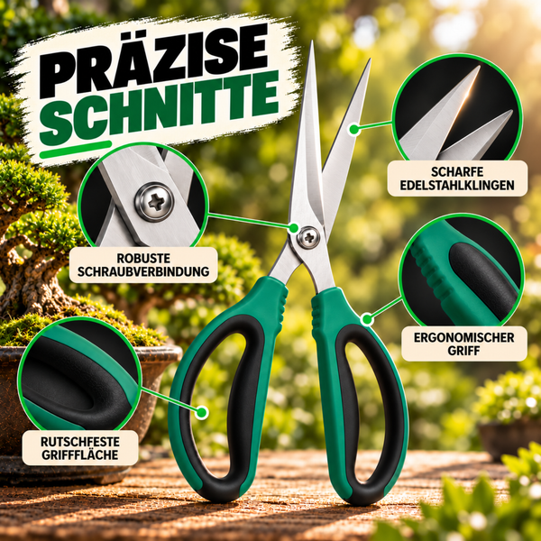 Gartenschere mit Edelstahlklingen, ergonomischem Griff, rutschfester Grifffläche und robuster Schraubverbindung für präzise Schnitte.