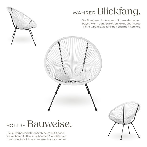 2 Gartenstühle Santana mit Tisch tectake  Belastbarkeit Stuhl 120 kg Retro-Design im Acapulco-Stil weiß