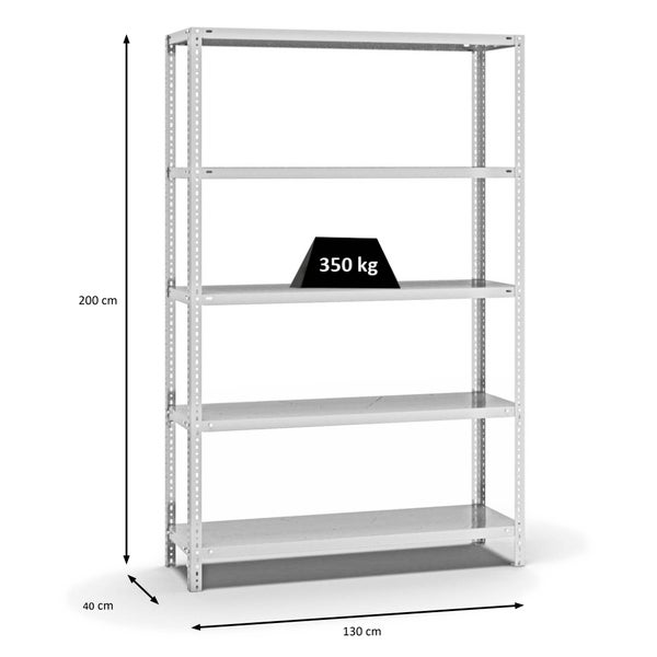 PROREGAL Fachbodenregal Schraubsystem Heavy-Duty Grundregal HxBxT 200 x 130 x 40 cm 5 Ebenen Fachlast 350 kg Beidseitig Nutzbar Lichtgrau