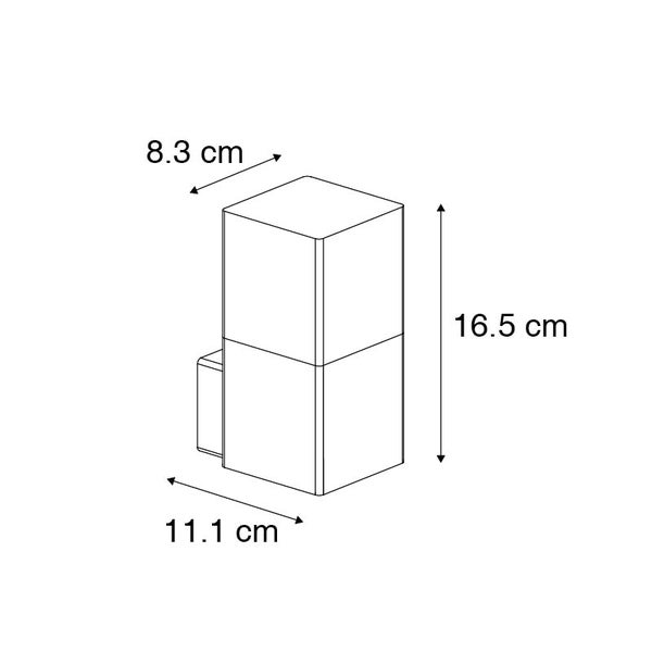 Maßskizze einer Wandleuchte mit einer Höhe von 16,5 Zentimetern, einer Breite von 8,3 Zentimetern und einer Tiefe von 11,1 Zentimetern.