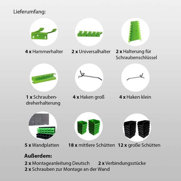 Lieferumfang eines Werkstatt Wandhalterungs Sets mit verschiedenen Haken Halterungen Wandplatten und Schüttboxen für die Werkzeugorganisation