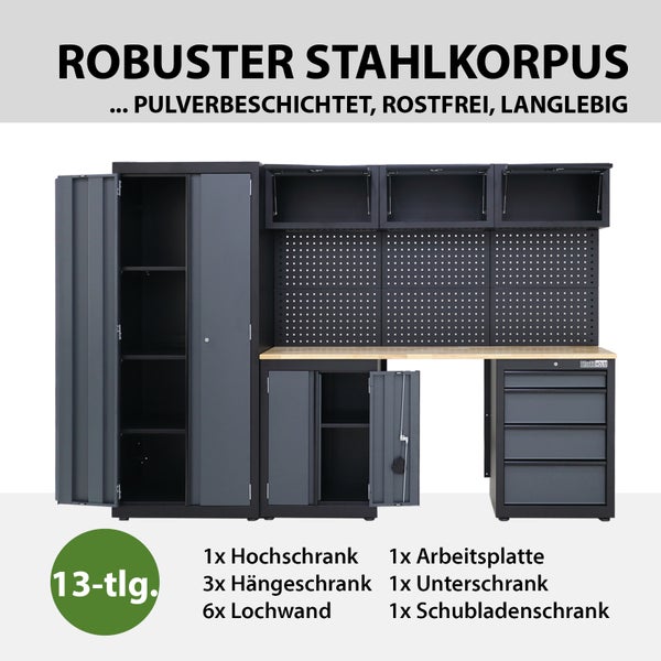 13-teilige Werkstatteinrichtung mit Hochschrank, Hängeschränken, Lochwand, Arbeitsplatte, Unterschrank und Schubladenschrank