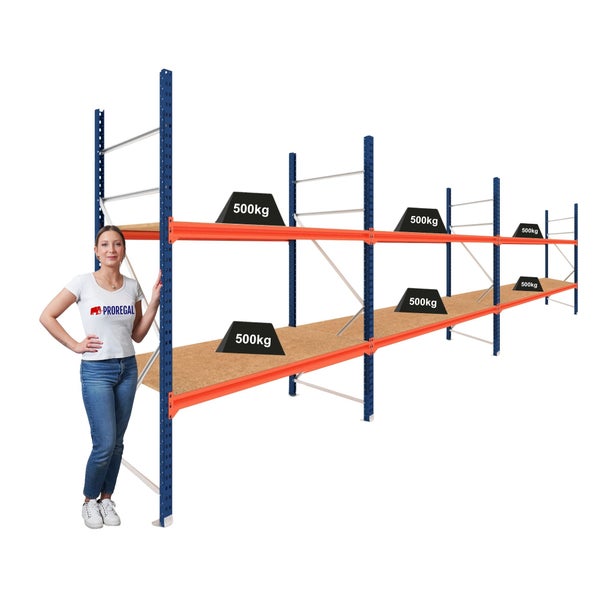Proregal Weitspannregal mit 4 Feldern, blau-orange, Spanplatten, Traglast 500 Kilogramm je Boden, Größenvergleich mit Person.