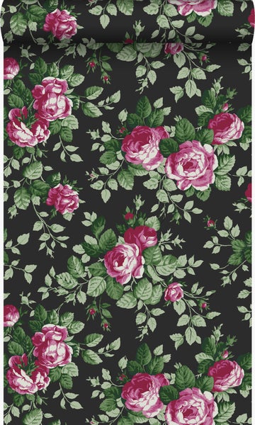 Tapetenrolle mit Rosenmuster auf dunklem Grund