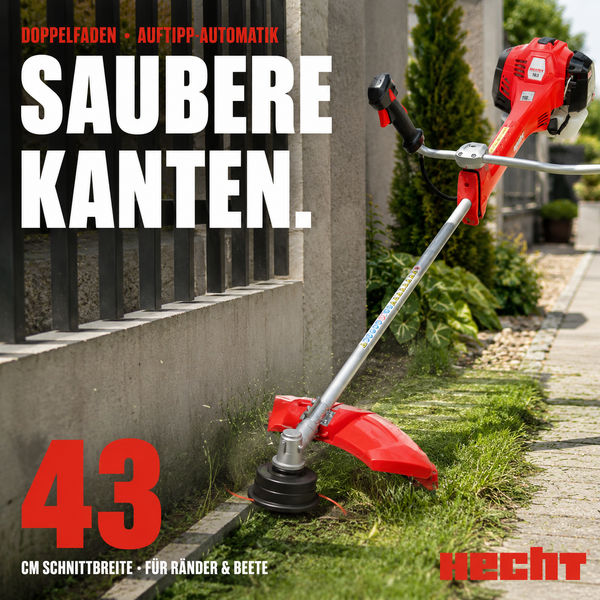 Hecht Benzin-Motorsense beim Trimmen einer Rasenkante an einer Betonmauer mit 43 Zentimeter Schnittbreite in einem hellen Garten. Hecht Logo.