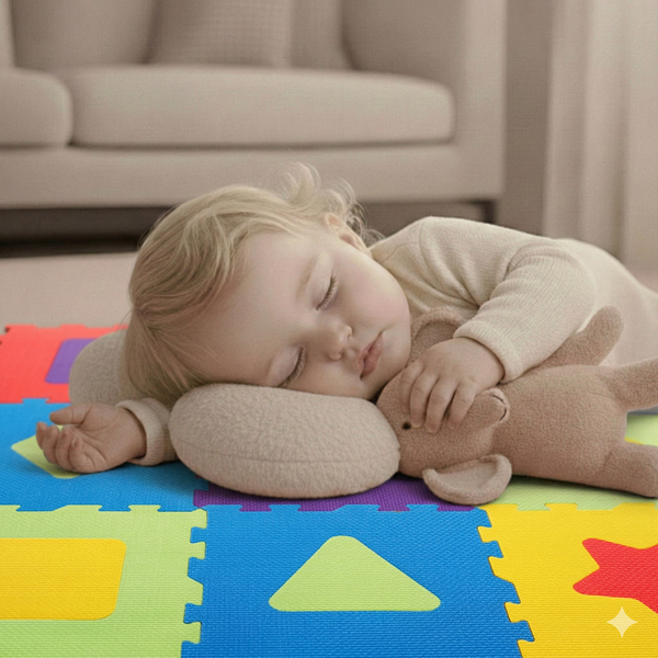 Schlafendes Kind auf einer weichen Puzzlematte aus Schaumstoff mit verschiedenen geometrischen Formen als Spielunterlage.