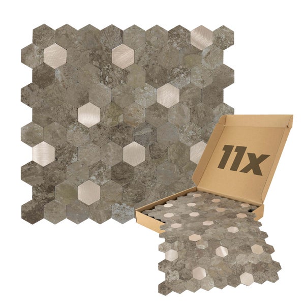 Mosaikfliese Hexagon in Steinoptik mit Metallelementen, Packung mit 11 Stück für Wand und Boden.