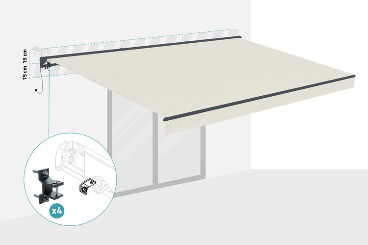 Illustration einer Markise mit Montageanleitung und Befestigungsmaterial