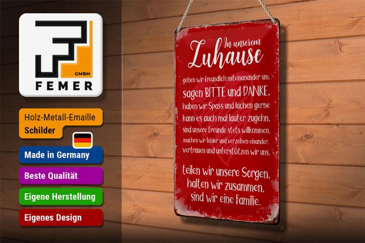 Blechschild Spruch 20x30cm Zuhause sind wir eine Familie