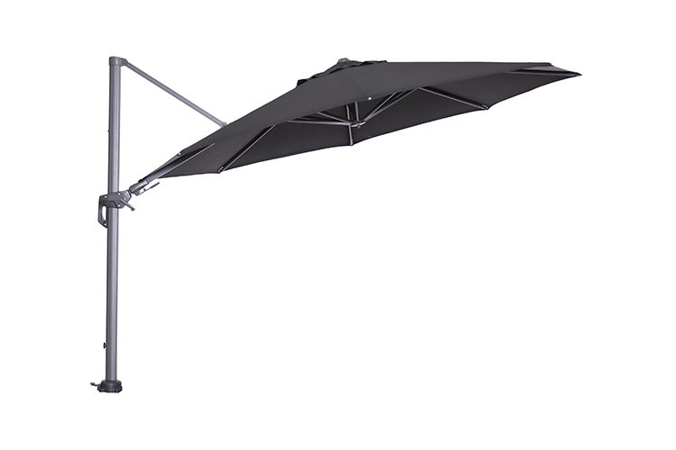 Anthrazitfarbener Ampelschirm mit quadratischem Schirmdach und seitlichem Standrohr aus Metall.