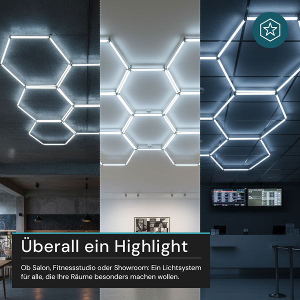 Verschiedene Ansichten eines modularen Lichtsystems mit sechseckigen Leuchten