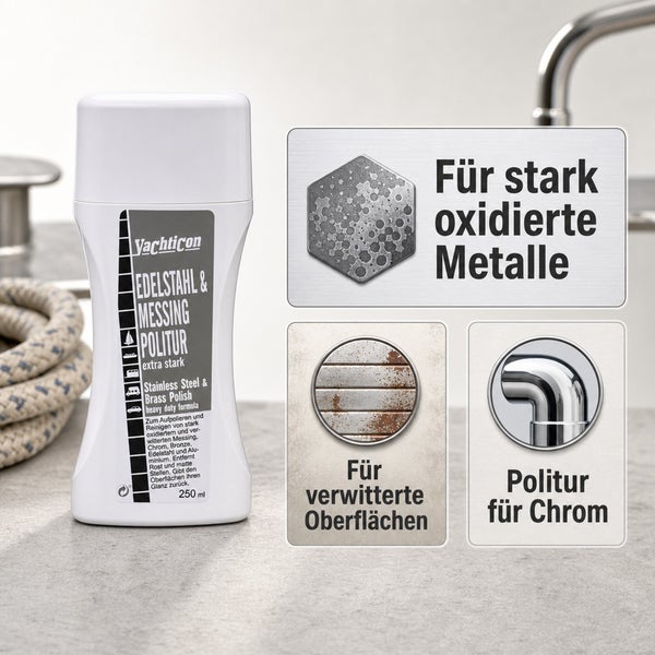 Yachticon Edelstahl und Messing Politur 250 Milliliter für stark oxidierte Metalle verwitterte Oberflächen und Chrom