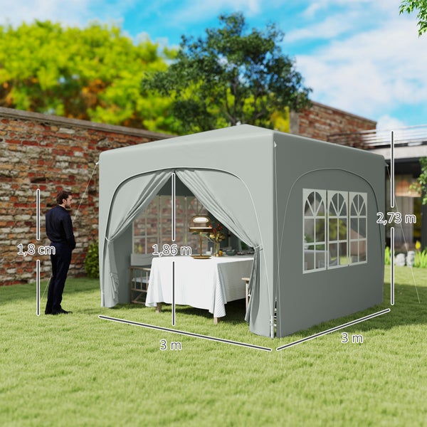 Outsunny Pavillon 3x3m, wasserabweisend Stabil Winterfest Pop-up Faltpavillon, UV Schutz 50+, Faltbar Partyzelt Gartenzelt mit 4 Seitenteilen Tasche Gartenpavillon für Camping Garten, Hellgrau