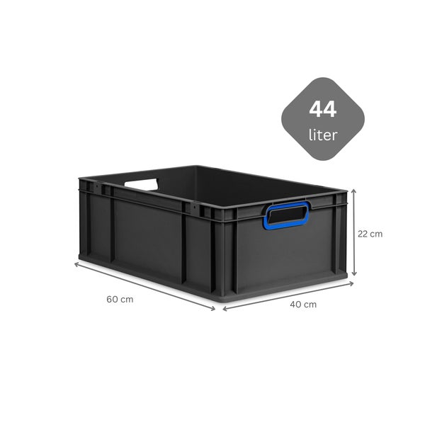 PROREGAL SparSet 5x Eurobox NextGen Color, HxBxT 22x40x60cm, 44 Liter, Griffe blau offen, Verstärkter Boden, Schwarz, Eurobehälter, Transportbox, Transportbehälter, Stapelbehälter