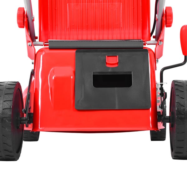 Rückansicht eines roten Rasenmähers mit schwarzem Fangkorb