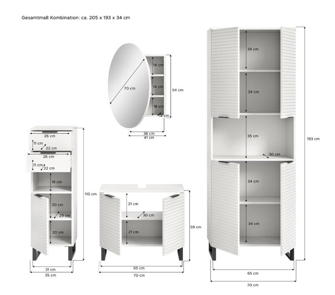 Weiße Badezimmermöbel-Kombination mit detaillierten Maßangaben in Zentimetern für Hochschrank, Unterschrank und runden Spiegelschrank.
