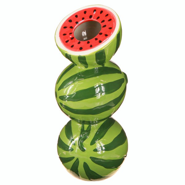 Keramikvase in Form von drei übereinander gestapelten Wassermelonen, obere Melone aufgeschnitten mit Öffnung.