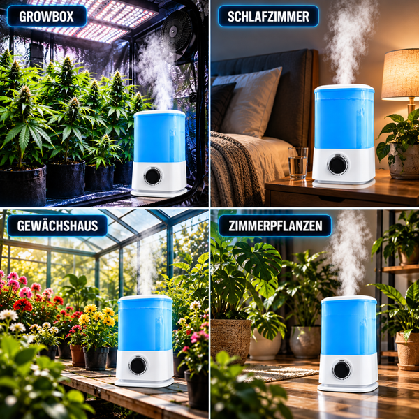 Luftbefeuchter im Einsatz in einer Growbox, einem Schlafzimmer, einem Gewächshaus und bei Zimmerpflanzen zur Regulierung der Luftfeuchtigkeit.