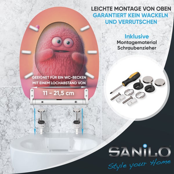 Sanilo WC-Sitz mit flauschigem pinkem Monster-Motiv in verschiedenen Ansichten und Sanilo Logo.