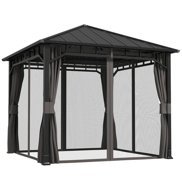 Gartenpavillon mit festem Metalldach, Seitenvorhängen und Moskitonetz in Anthrazit