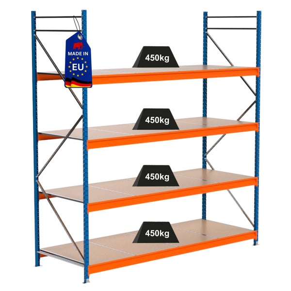 Vierstöckiges Schwerlastregal mit einer Tragkraft von 450 kg pro Ebene und einem Made in EU Siegel