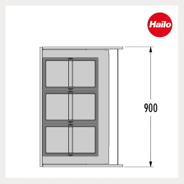 Technische Zeichnung eines Hailo Mülltrennsystems für 900 Millimeter breite Schränke mit drei Eimern. Hailo Logo.
