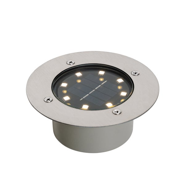 Solar-Bodeneinbaustrahler aus Edelstahl mit LED-Lichtpunkten und zentralem Solarpaneel.