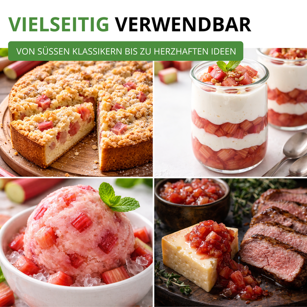 Vielseitige Verwendung von Rhabarber: Streuselkuchen, Schichtdessert, Sorbet und Chutney zu Fleisch und Käse.