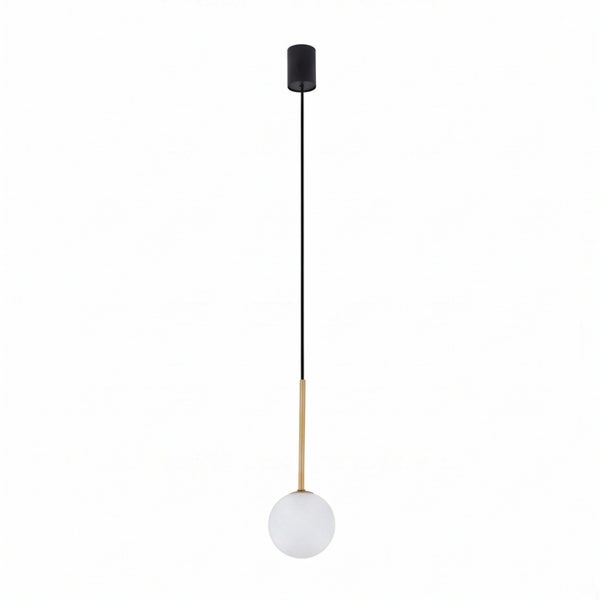 Moderne Pendelleuchte mit kugelförmigem Glasschirm und zylindrischem Deckenanschluss an einem langen Kabel