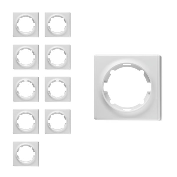 Set aus neun quadratischen Abdeckrahmen für Steckdosen oder Schalter, Kunststoff, geeignet für die Elektroinstallation.