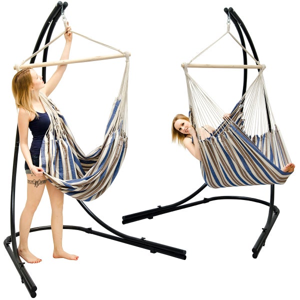 XXL Hängesessel 185x130cm mit blau-braunen Streifen + 210cm Gestell