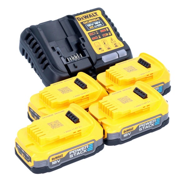 DeWalt Ladegerät mit vier DeWalt Powerstack 18 Volt Akkus.