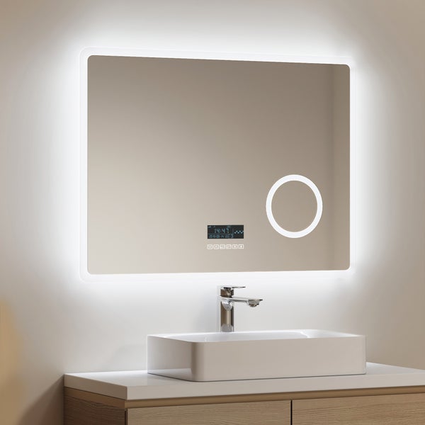 EMKE Badspiegel mit Beleuchtung 80 x 60 cm, LED-Spiegel mit Touchschalter, Badsiegel mit Bluetooth, Anti-Beschlag, 3-fache Vergrößerung, Kaltweiß