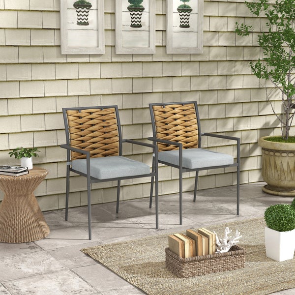Outsunny Rattan Gartenstuhl 2er-Set, Gartensessel Set mit Kissen, 57 x 58 x 87 cm, Stahl, Grau