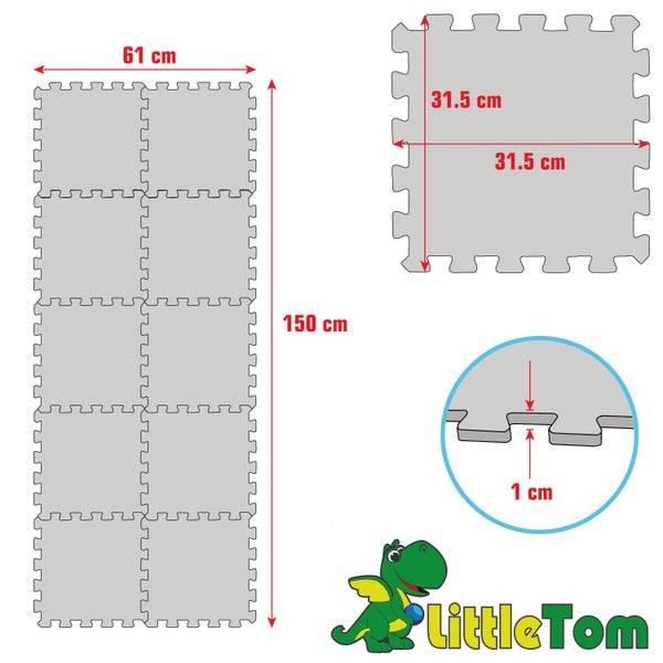 Schaumstoff-Puzzlematte mit Maßen: Einzelmatte 31,5 mal 31,5 Zentimeter, Dicke 1 Zentimeter. Gesamt 150 mal 61 Zentimeter. LittleTom Logo.