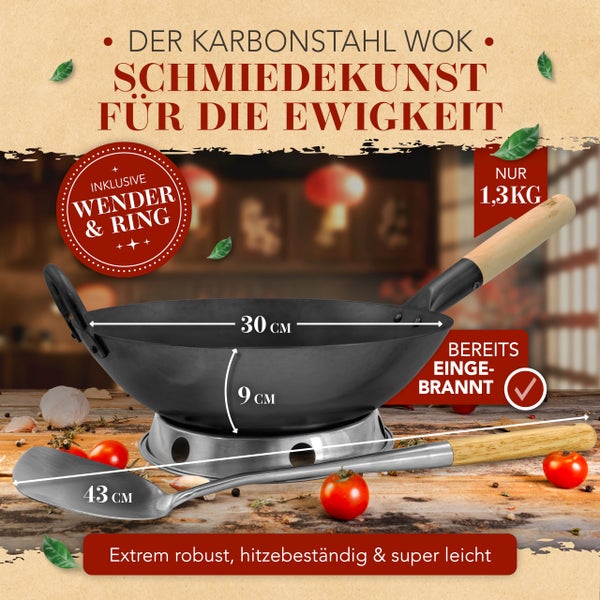 KRUSTENZAUBER 30cm Wokpfanne Induktion voreingebrannt - Traditionelle Stahlwokpfanne mit Wokwender u. Wokring - Wok Pfanne, Wok Induktion, Woklette, Wok Zubehör, Carbon Steel Wok Karbonstahl