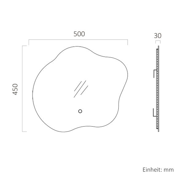 Technische Zeichnung eines asymmetrischen Spiegels mit den Maßen 500 Millimeter Breite, 450 Millimeter Höhe und 30 Millimeter Tiefe.
