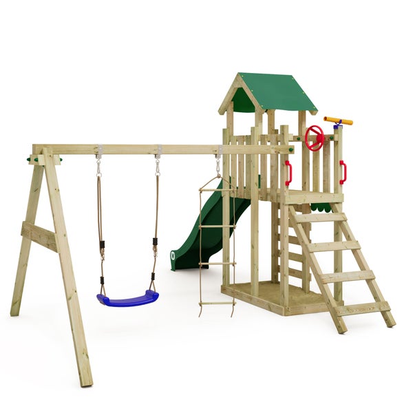 WICKEY Spielturm Klettergerüst MultiFlyer Light mit Schaukel und Rutsche, Kletterturm mit Sandkasten, Leiter und Spiel-Zubehör – grün
