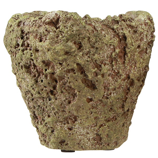 Strukturierter Blumentopf mit Natursteinoptik und poröser Oberfläche.