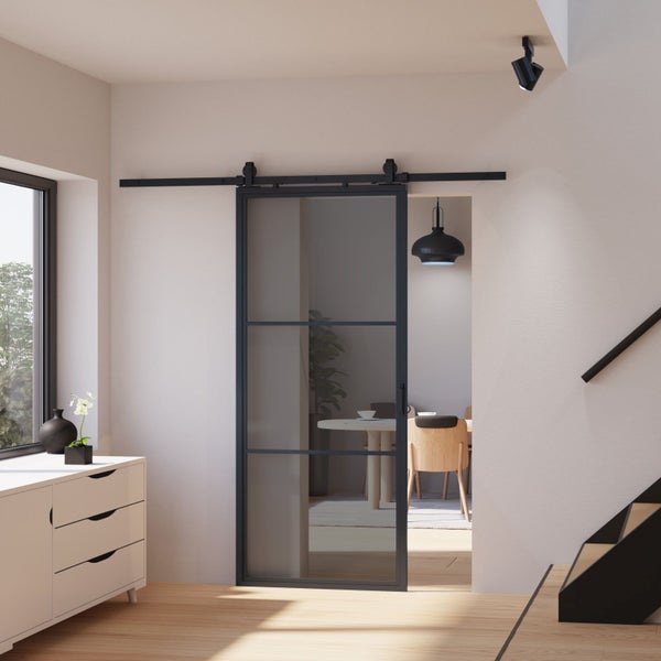 Glasschiebetür Komplettset Loftstyle Grauglas Laufschiene 2m schwarz beidseitiger Softclose -  900x2150mm