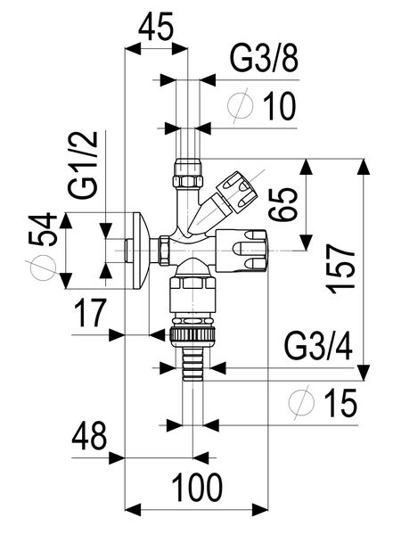 Maßzeichnung für ein Kombi-Eckventil mit Maßen in Millimetern: Gesamthöhe 157, Breite 100, Wandanschluss G 1/2, Abgänge G 3/8 und G 3/4.