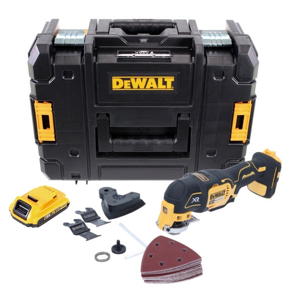 DeWALT Akku-Multitool Set mit TSTAK Werkzeugkoffer, 18 Volt Akku, Sägeblättern, Schleifplatte und Schleifpapier.