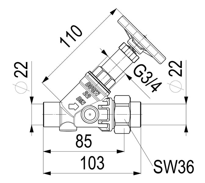 Technische Zeichnung eines Schrägsitzventils mit Maßen in Millimeter: Länge 103, Höhe 110, Anschluss 22, Gewinde G 3/4.