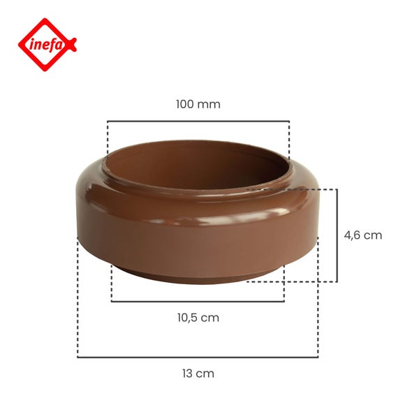 Inefa Logo. Braunes Übergangsstück für Dachrinnen mit Maßen: 100 Millimeter oben, 10,5 Zentimeter unten, 13 Zentimeter Breite und 4,6 Zentimeter Höhe.