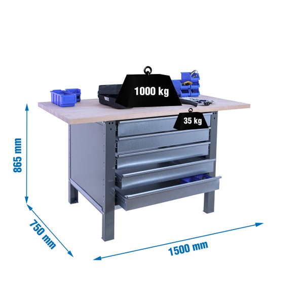 Werkbank BUFFALO WOOD mit 5x Schublade | HxBxT 86,5x150x75cm | Traglast 1000kg | Grau