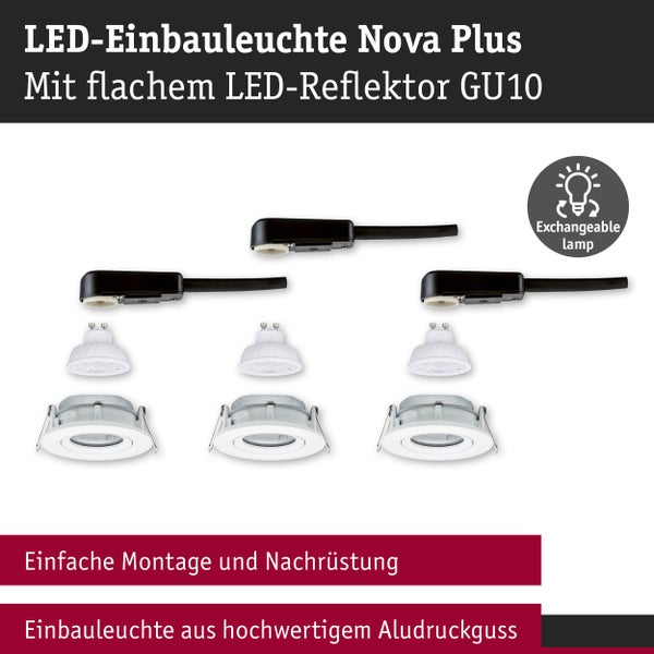 LED-Einbaustrahler Nova Plus Set von 3 mit GU10 LED-Reflektor aus Aluminiumdruckguss und austauschbarem Leuchtmittel.