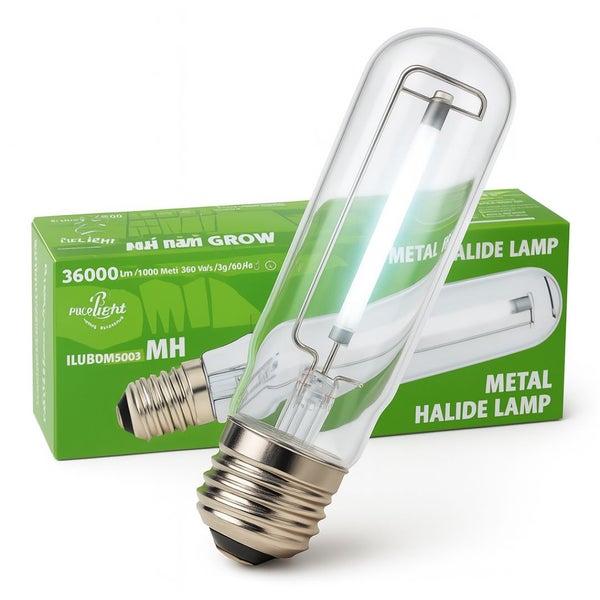 Zylindrische Halogen-Metalldampflampe für das Pflanzenwachstum mit Schraubsockel vor ihrer Verpackung.